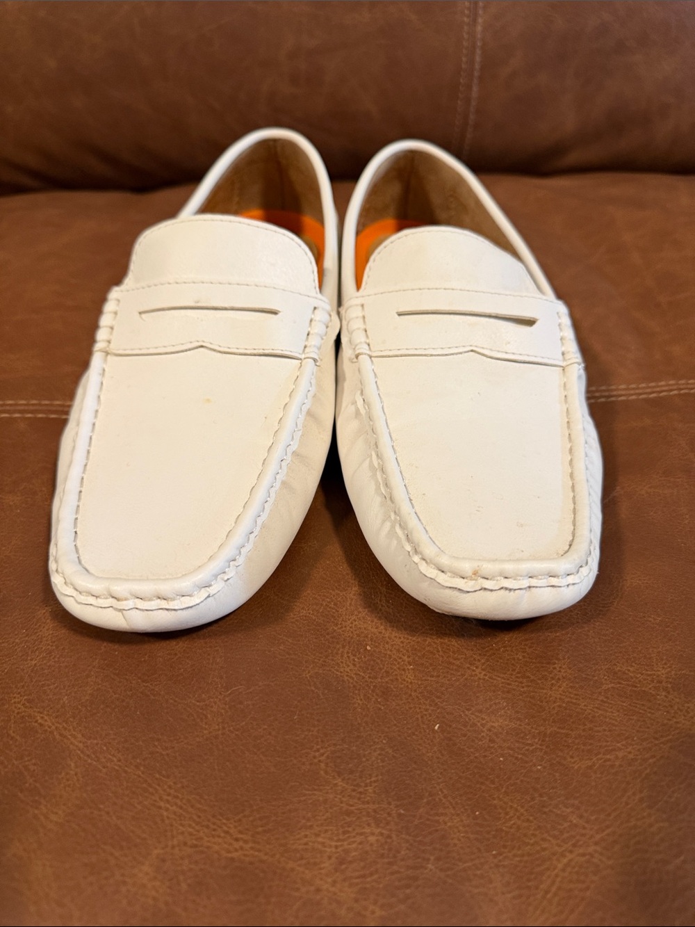 Jensen White Leather Slip-On Loafers with Orange Insole - Picture 4 of 7